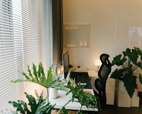 Organized work desk next to a bright window with natural light in Mexico